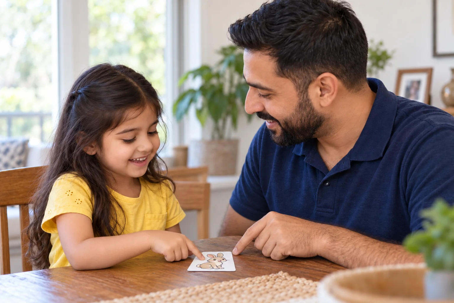 A father and daughter pointing to a rabbit picture card on their table