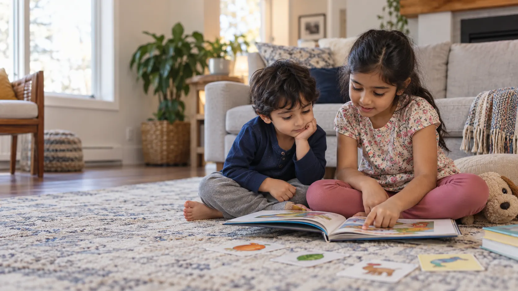 Two children reading together and looking at picture cards in a family living room